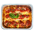 Load image into Gallery viewer, Family size Chicken Parmigiana in a foil container, topped with cheese and tomato sauce, garnished with a basil leaf.